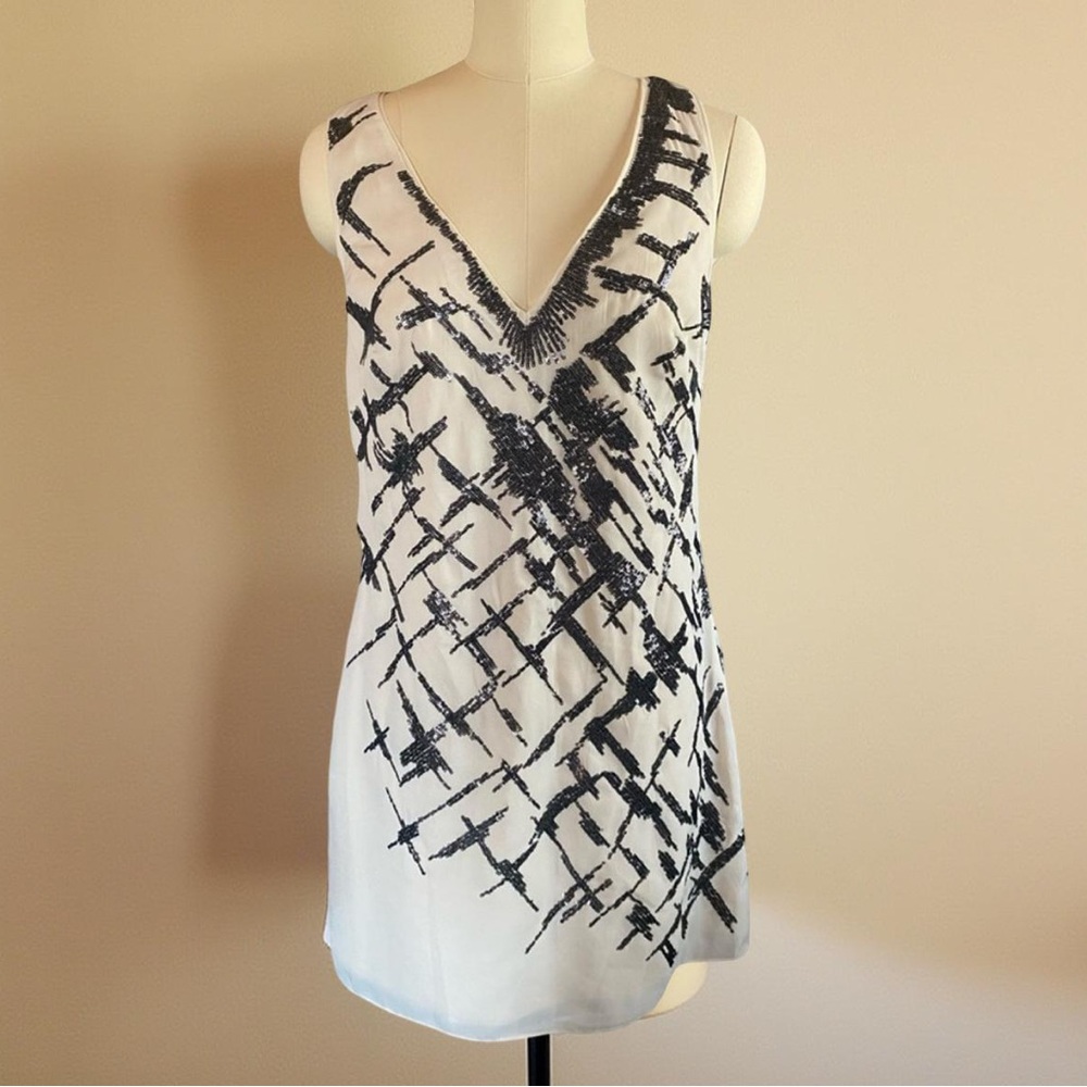Bebe Ivory & Black Sequin V Neck Shift Dress
